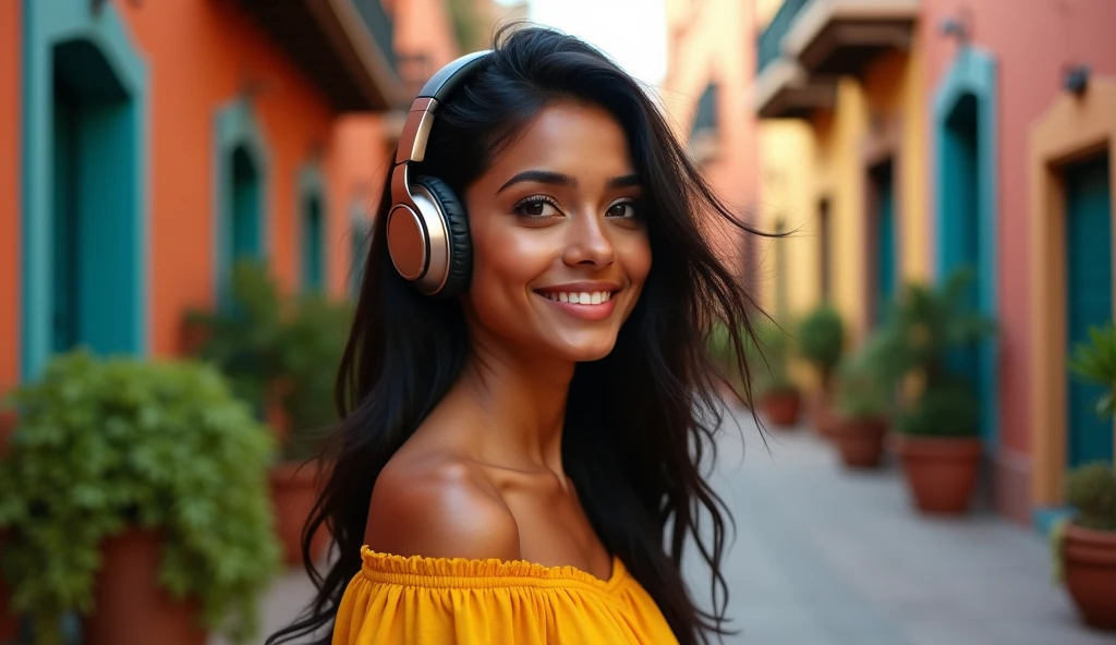 High dynamic range HDR photography of a 25-year-old light skin Indian woman with smooth, golden-brown skin and dark, long black hair, she has a headphone on her head and is enjoying the music. she has big breasts, her bright brown eyes sparkling with warmth, her full lips curled into a gentle smile, wearing a vibrant, yellow dress , sun-kissed backdrop of a lively Latin American market, with hints of warm terracotta and cool turquoise in the architecture, and lush greenery spilling from ornate planters, the camera capturing the scene with remarkable depth and detail, from the wisps of hair framing her face to the delicate textures of the stucco walls, the overall mood evoking a sense of joy, vitality, and cultural pride.