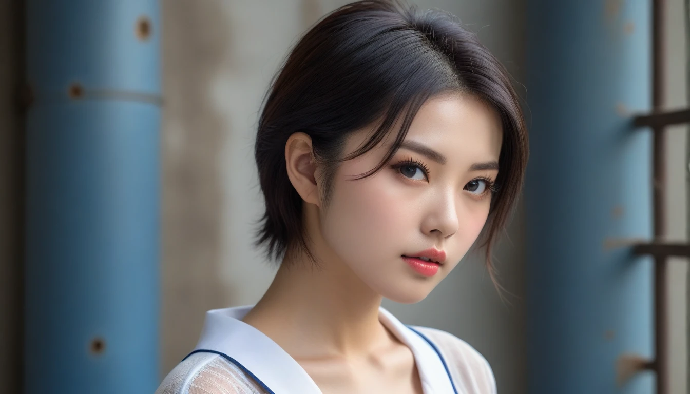8k, Ultra-high resolution, Highest quality, masterpiece, 三分割法によるphotograph,Surreal, photograph, 1 , (:1.3), cute, cute顔, 細部までBeautiful Eyes, 細かくdetailedに,masterpiece,One Girl:1.2,Japanese women,student,cowboy shot,glaring,Black short hair,messy hair,(Dirty uniform:1.3),Leaning against the wire mesh,Glare,Blue Collar,Factory wall,(Beautiful attention to detail),Subtle details, detailedな顔,anger,Attractive eyes,(ポートレートphotograph:1.4),(Photorealistic images:1.4),Fantasy art,(Beautiful Face:1.4),美しくAttractive eyes、Beautiful Eyes、Grayscale 16Bits,(Tight waist:1.4)、(Beautiful with perfect body proportions:1.4),Pink Lips,Looking at the audience,(((Ideal body type))),A-cup small breasts :2,、Portraiture:2、Perfect Anatomy、鮮明なdetailed、detailed,Fashion magazine cover,Thin lips,完璧でBeautiful Face ,完璧でcute顔, Skin with attention to detail, Perfect limbs、Narrow waist,Surreal,Light and shadow,backlighting