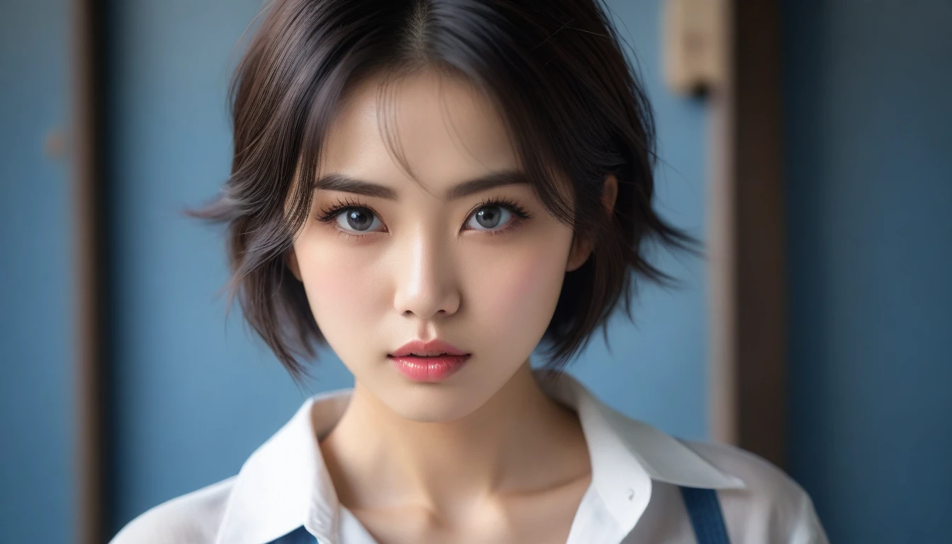 8k, Ultra-high resolution, Highest quality, masterpiece, 三分割法によるphotograph,Surreal, photograph, 1 , (:1.3), cute, cute顔, 細部までBeautiful Eyes, 細かくdetailedに,masterpiece,One Girl:1.2,Japanese women,Young Wife,cowboy shot,glaring,Black short hair,messy hair,(Dirty work clothes:1.3),Staring through the wire mesh,Blue Collar,Factory wall,(Beautiful attention to detail),Subtle details, detailedな顔,anger,Attractive eyes,(ポートレートphotograph:1.4),(Photorealistic images:1.4),Fantasy art,(Beautiful Face:1.4),美しくAttractive eyes、Beautiful Eyes、Grayscale 16Bits,(Tight waist:1.4)、(Beautiful with perfect body proportions:1.4),Pink Lips,Looking at the audience,(((Ideal body type))),A-cup small breasts :2,、Portraiture:2、Perfect Anatomy、鮮明なdetailed、detailed,Fashion magazine cover,Thin lips,完璧でBeautiful Face ,完璧でcute顔, Skin with attention to detail, Perfect limbs、Narrow waist,Surreal,Light and shadow,darkness