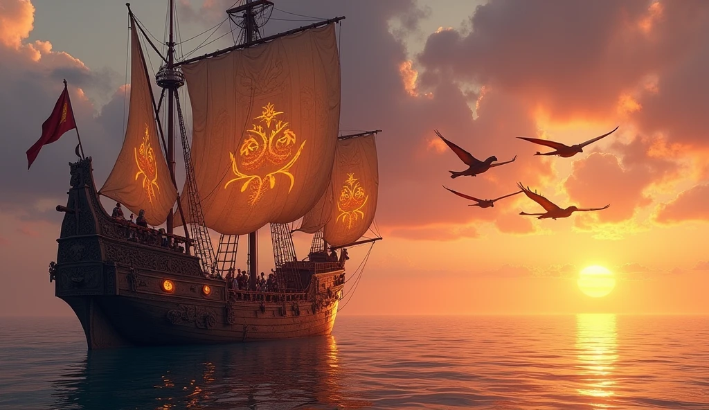  A majestic wooden galleon sails gracefully across a calm sea at sunset, its sails billowing gently in the warm breeze. The sky is ablaze with hues of orange, pink, and purple, reflecting off the tranquil waters. The ship is adorned with intricate carvings of mythical creatures along its hull, and glowing runes are etched into the wood, casting a soft, magical light. In the distance, a group of flying, dragon-like creatures soar in the sky, their scales shimmering in the fading light. The galleon's crew, dressed in medieval-inspired, fantasy attire, are visible on deck, working with a quiet sense of purpose. The overall scene is both serene and filled with a sense of ancient, magical adventure, blending realism with a touch of fantasy.