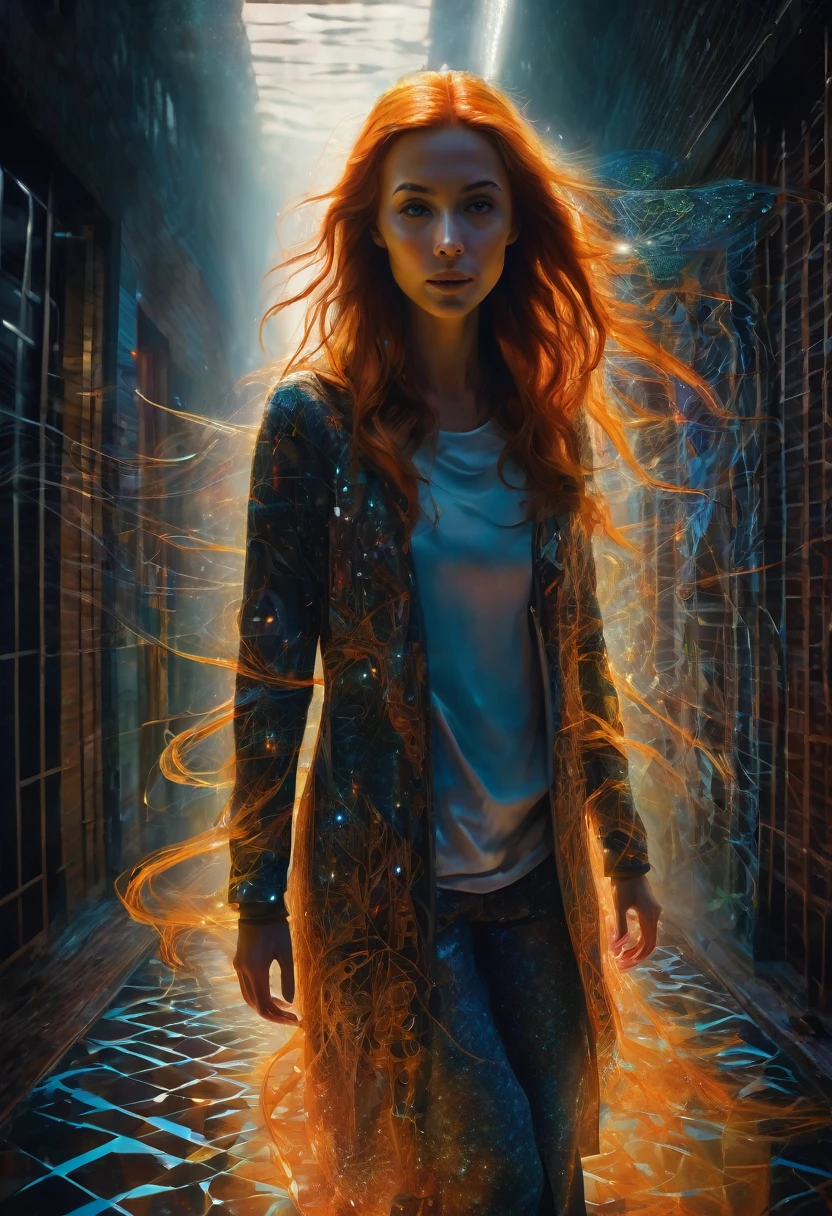 a very beautiful dark tanned belgian orange haired woman trapped on a path in time and space, night behind us and day ahead, in eternal doubly refracting holograffiti Liminal Space liminal, eerie, ethereal, fantastic, strange, unnatural lighting, dynamic lighting, depth of field, vanishing point, protruding, descending lacewings, little dragons flying