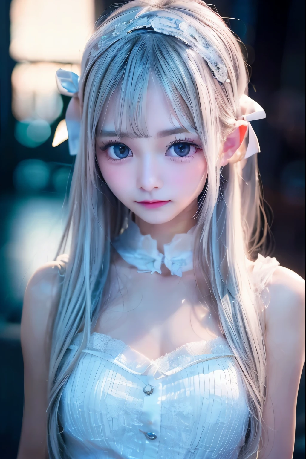 1 girl, blue eyes,silver straight hair, blonde, medium long hair, headband Lace with white ribbon, she is AYA MIYABI, 22 years old, Bishojo, looking at viewer, she is famous Japanese idol, kawaii, (mascara), eyeliner, almond eye, natural eyebrows, thin lips, Natural color lip, extremely detailed skin, fair skin, smile, cute, realistic face, slender face, beautiful skin, flat chest, clavicle, slender body, Forehead, delicate thighs, skinny legs, lean legs, Best quality, (8k, RAW photo, best quality, childish face, masterpiece:1.2), ultra-detailed, (realistic, photo realistic:1.37), high detail RAW color photo, an extremely delicate and beautiful, extremely detailed(Selfie:1.1), finely detail,