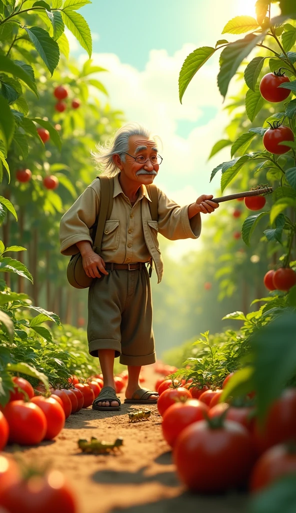 Uncle Tu is an old man, skinny with gray hair and tanned skin. He usually wears simple clothes like old shirts, long pants and sandals. Catching grasshoppers in the tomato garden
3D animation
