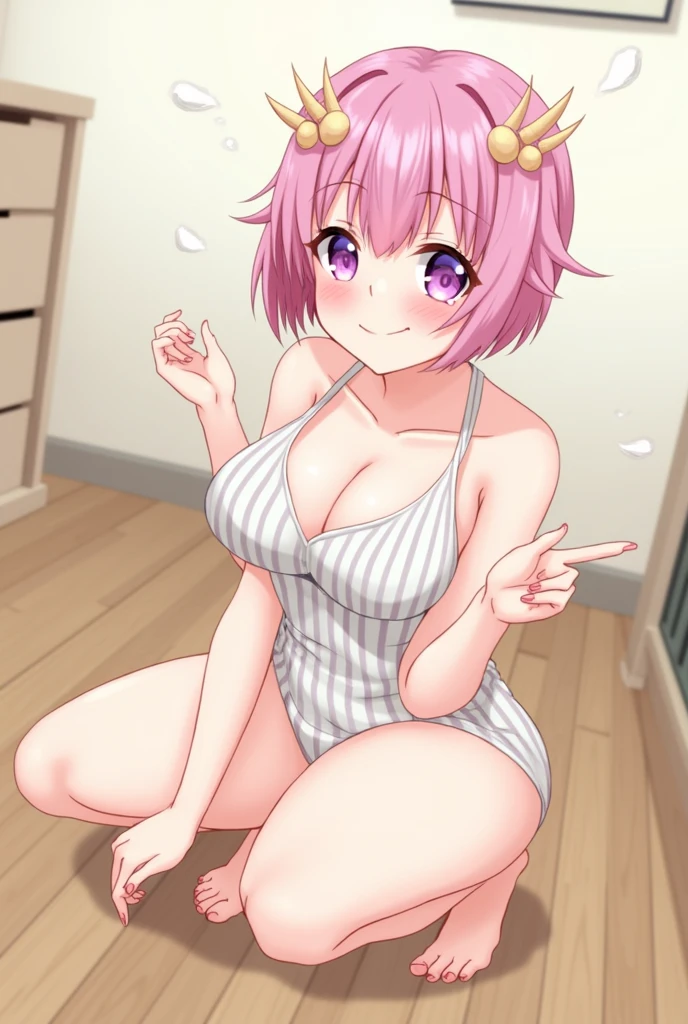 8k,Highest,quality,(highest quality:1.1), (masterpiece:1.4), (Confused:1.0),
1 person, Deviluke Type, hair ornaments, Bobcut, Short Hair Pink Hair, Purple eyes, Center of chest,((School Swimsuit)), Her Room, (blush:1.2), smile,(Perfect Fingers),Squat,Spread your legs ,ass pov,Heavy breathing,mesugaki,Masturbation,Pussy Line,