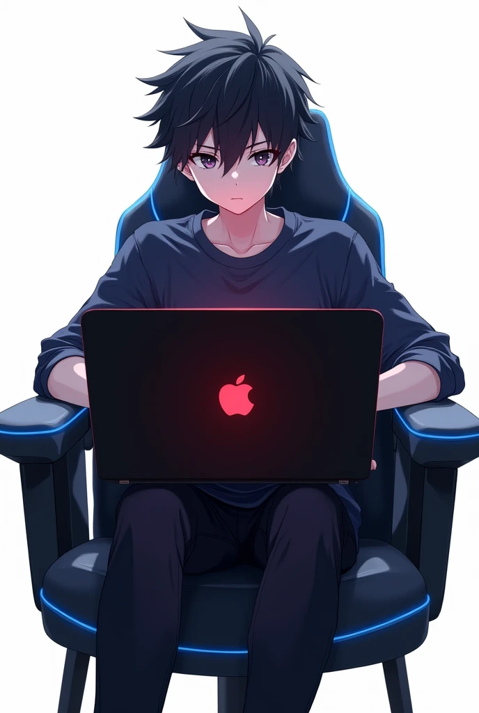 a most realistic anime-style image of a -yeld boorking on a blackish Apple laptop with a glowing red keyboard. He’s wearing a dark blue shirt, black pants, and sitting in a stylish black chair with blue borders. The boy is shown from his right side with short stylish hair, white skin, and blackish eyes. He looks happy with a closed mouth, and the background is white.
the apple logo color is black and the border is lighten white.