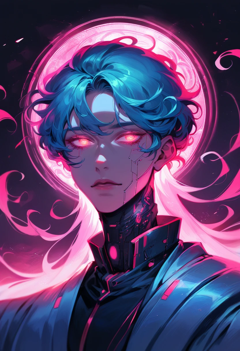 makima chaisaw man vivid neon lighting, glowing eyes, red and pink hues, ethereal halo, soft facial features, intense gaze, dark background, smooth textures, anime-inspired, futuristic portrait, radiant glow, otherworldly atmosphere, surrealism, sharp contrasts, minimalistic setting, digital painting, Neon glowing, hypnotic spirals in the eyes, with intense red and orange hues and a sharp gaze that has a vibrant shine. Soft, glossy lips with a subtle pink hue, slightly parted and plump, adding a smooth texture. The posture is straight and elegant, with the head slightly tilted upward, exuding confidence and command. The hair is long, sleek, and vibrant red-pink, with flowing strands and detailed highlights, creating soft waves. Flawless skin, illuminated by the neon glow, has a cool-toned, soft texture. Harsh red and pink neon lighting emphasizes strong contrasts and sharpens facial features.