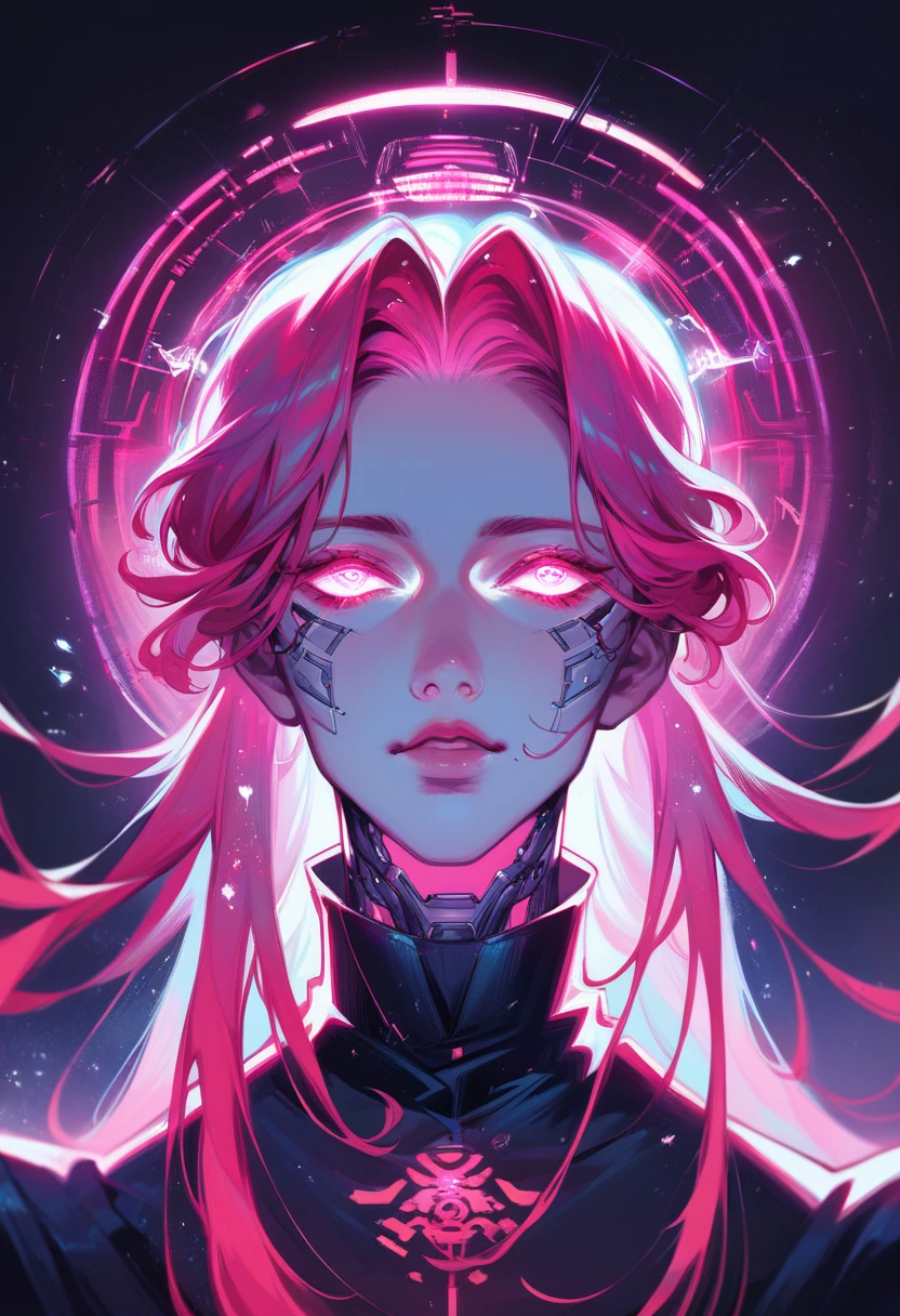 makima chaisaw man vivid neon lighting, glowing eyes, red and pink hues, ethereal halo, soft facial features, intense gaze, dark background, smooth textures, anime-inspired, futuristic portrait, radiant glow, otherworldly atmosphere, surrealism, sharp contrasts, minimalistic setting, digital painting, Neon glowing, hypnotic spirals in the eyes, with intense red and orange hues and a sharp gaze that has a vibrant shine. Soft, glossy lips with a subtle pink hue, slightly parted and plump, adding a smooth texture. The posture is straight and elegant, with the head slightly tilted upward, exuding confidence and command. The hair is long, sleek, and vibrant red-pink, with flowing strands and detailed highlights, creating soft waves. Flawless skin, illuminated by the neon glow, has a cool-toned, soft texture. Harsh red and pink neon lighting emphasizes strong contrasts and sharpens facial features.