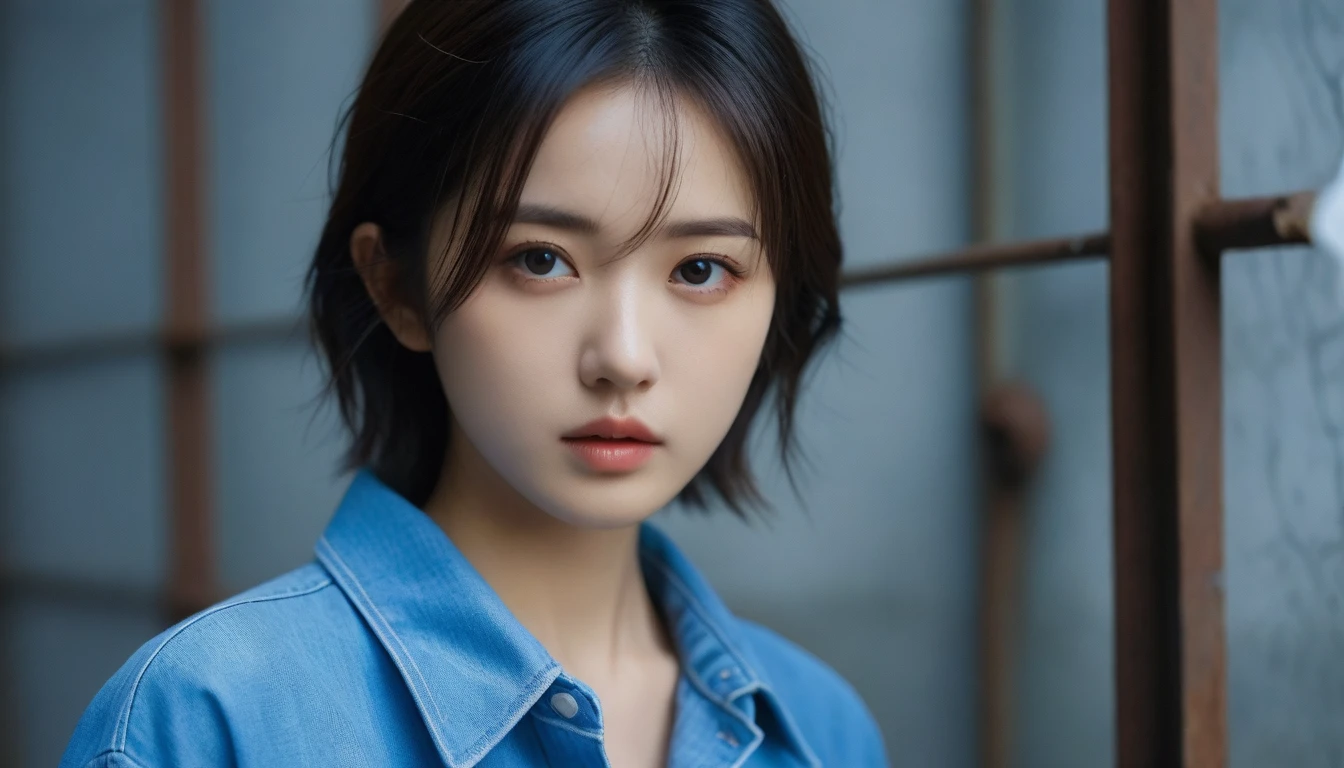 8k, Ultra-high resolution, Highest quality, masterpiece, 三分割法によるphotograph,Surreal, photograph, 1 , (:1.3), cute, cute顔, 細部までBeautiful Eyes, 細かくdetailedに,masterpiece,One Girl:1.2,Japanese women,Young Wife,cowboy shot,glaring,Black short hair,messy hair,(Dirty work clothes:1.3),Staring through the wire mesh,Blue Collar,Factory wall,(Beautiful attention to detail),Subtle details, detailedな顔,anger,Attractive eyes,(ポートレートphotograph:1.4),(Photorealistic images:1.4),Fantasy art,(Beautiful Face:1.4),美しくAttractive eyes、Beautiful Eyes、Grayscale 16Bits,(Tight waist:1.4)、(Beautiful with perfect body proportions:1.4),Pink Lips,Looking at the audience,(((Ideal body type))),A-cup small breasts :2,、Portraiture:2、Perfect Anatomy、鮮明なdetailed、detailed,Fashion magazine cover,Thin lips,完璧でBeautiful Face ,完璧でcute顔, Skin with attention to detail, Perfect limbs、Narrow waist,Surreal,Light and shadow,darkness