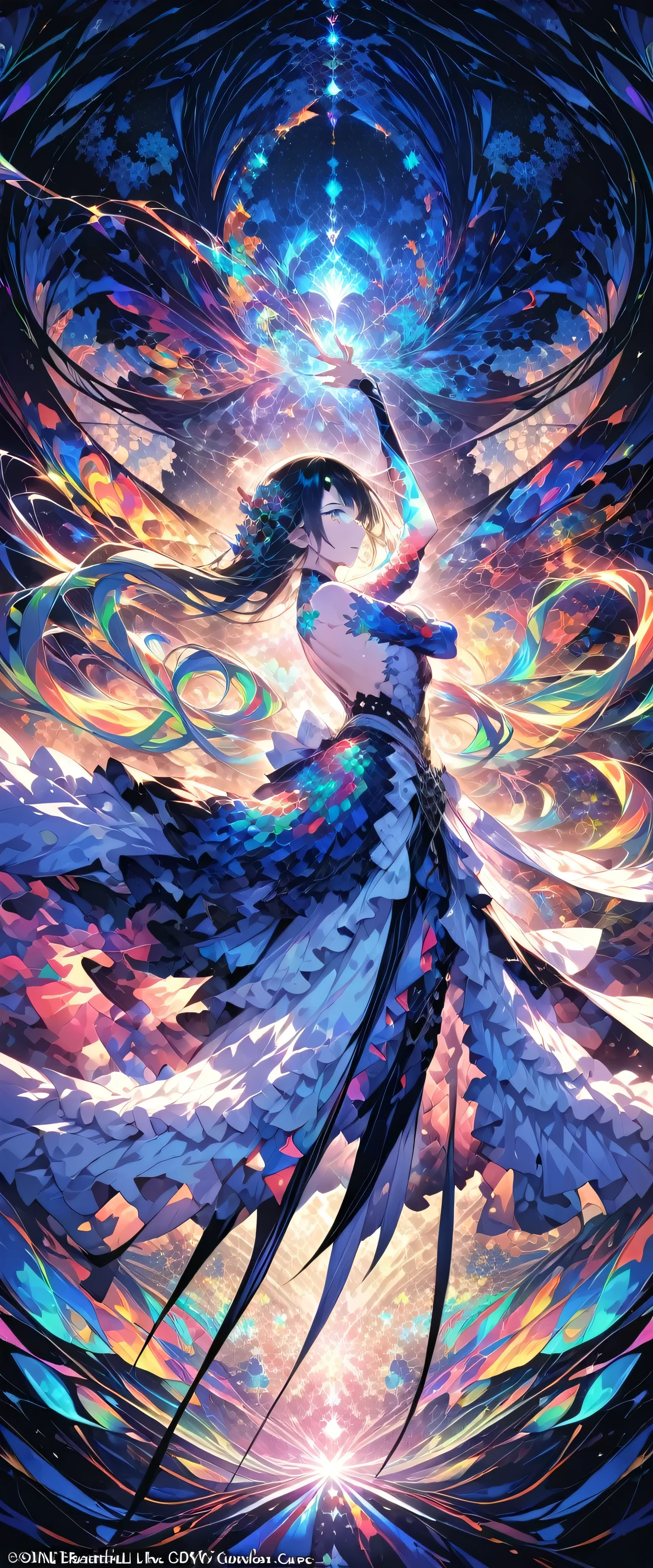 (masterpiece, Highest quality, Highest quality, Official Art, beautifully、aesthetic:1.2), (One beautiful woman:1.3), Very detailed,(Fractal Art:1.2),colorful,Most detailed,(Tangled:1.2), (Dynamic pose), (Abstract background:1.5), (Traditional Costume:1.2), (Glowing Skin), (Many colors:1.4),