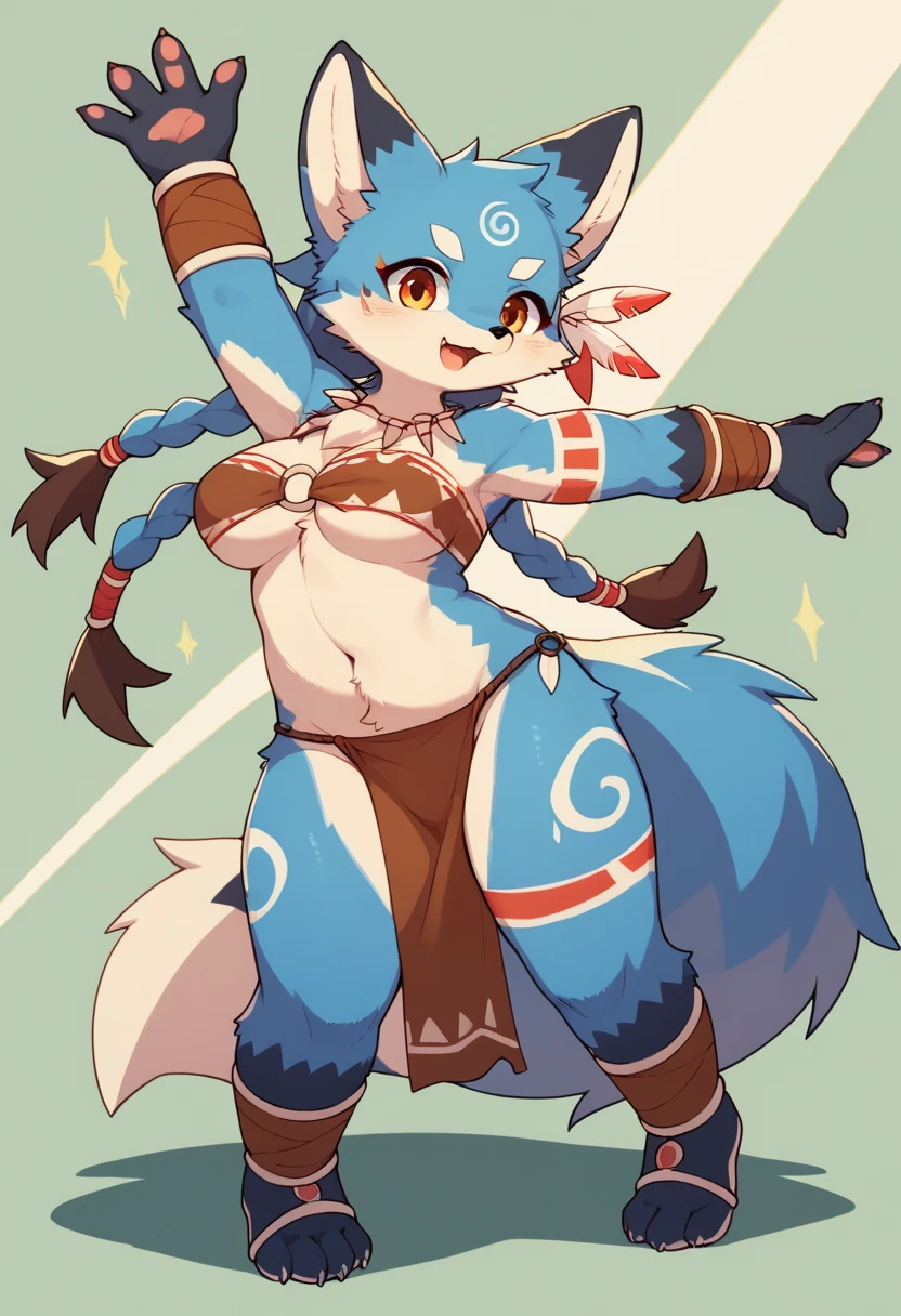 top quality, absurdres, perfect anatomy, kemono, solo focus, furry anthro, fox facial features, fox body features, very detailed body fur, full body, dancing pose, ((loincloth), thighs, cute, (sexy, boobs, big boobs), nsfw, tribal