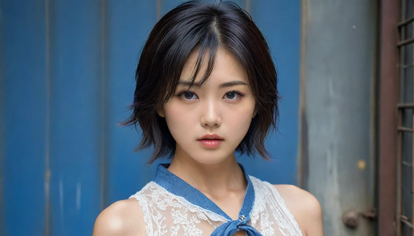 8k, Ultra-high resolution, Highest quality, masterpiece, 三分割法によるphotograph,Surreal, photograph, 1 , (:1.3), cute, cute顔, 細部までBeautiful Eyes, 細かくdetailedに,masterpiece,One Girl:1.2,Japanese women,Young Wife,cowboy shot,glaring,Black short hair,messy hair,(Dirty work clothes:1.3),Staring through the wire mesh,Blue Collar,Factory wall,(Beautiful attention to detail),Subtle details, detailedな顔,anger,Attractive eyes,(ポートレートphotograph:1.4),(Photorealistic images:1.4),Fantasy art,(Beautiful Face:1.4),美しくAttractive eyes、Beautiful Eyes、Grayscale 16Bits,(Tight waist:1.4)、(Beautiful with perfect body proportions:1.4),Pink Lips,Looking at the audience,(((Ideal body type))),A-cup small breasts :2,、Portraiture:2、Perfect Anatomy、鮮明なdetailed、detailed,Fashion magazine cover,Thin lips,完璧でBeautiful Face ,完璧でcute顔, Skin with attention to detail, Perfect limbs、Narrow waist,Surreal,Light and shadow,darkness