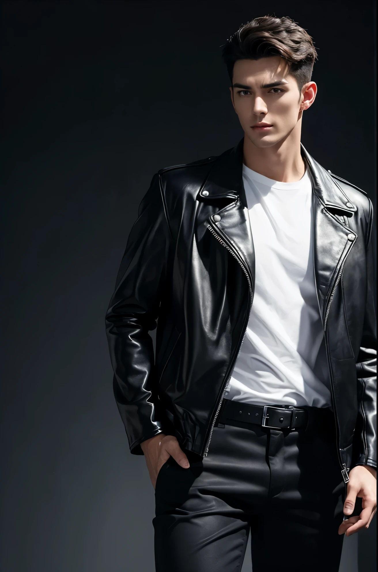 4k, high resolution, best quality, masterpiece, perfect color, perfect shade, perfect lighting, Posted by e621, ((handsome man)), perfect male figure, Short hair details,Detailed face, perfect face, (stood up), Detailed background, ((Bonifasco Lighting)),black hair, wearing black leather jacket, black pants, black leather belt, white shirt,