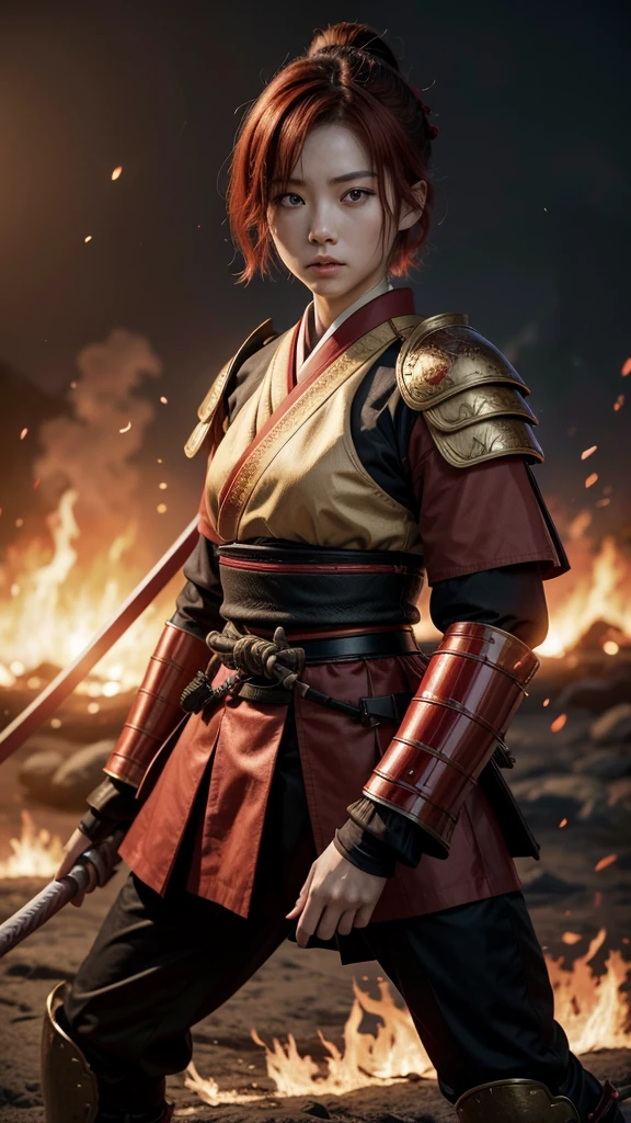 A young female samurai with short red hair, red eyes, wearing red Japanese armor, and holding a katana. She stands on a battlefield surrounded by flames. The scene is photo realistic, 8k quality, masterpiece, High Resolution, High Quality.