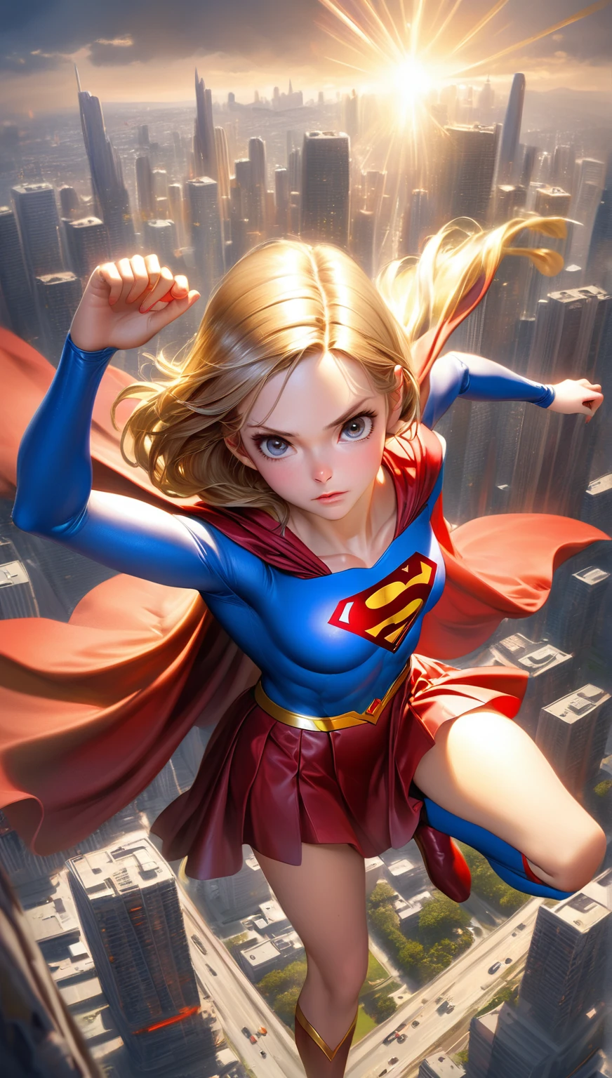 Supergirl, Over the city, Preparing for battle, Detailed artistic photography, Beautifully detailed face, dream-like, Shineing, Backlight, Glamour, Shine, Shadow, Oil on canvas, Brush strokes, soft, Ultra-high resolution, 8k, Unreal Engine 5, Super focus sharp, ArtJam, Reusch, sf, Complex art masterpiece, Threatening, Matte Painting Movie Posters, Golden Ratio, CGsociety Trends, Complex, amazing, Very detailed, Vibrant, Filmmaking Character Rendering, Quality Model Ultra High  
