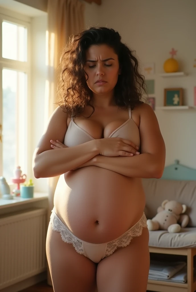Very pregnant woman underwear angry