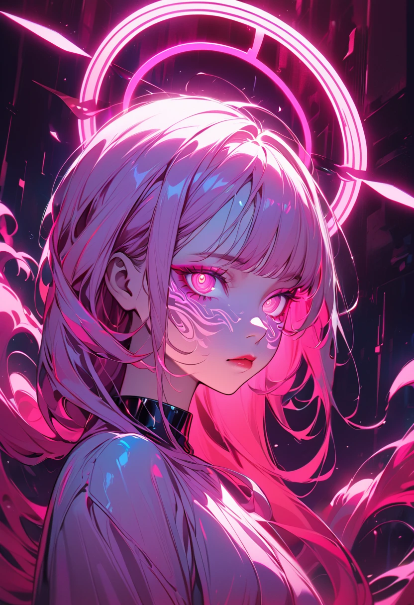 vivid neon lighting, glowing eyes, red and pink hues, ethereal halo, soft facial features, intense gaze, dark background, smooth textures, anime-inspired, futuristic portrait, radiant glow, otherworldly atmosphere, surrealism, sharp contrasts, minimalistic setting, digital painting,Neon glowing, hypnotic spirals in the eyes, with intense red and orange hues and a sharp gaze that has a vibrant shine. Soft, glossy lips with a subtle pink hue, slightly parted and plump, adding a smooth texture. The posture is straight and elegant, with the head slightly tilted upward, exuding confidence and command. The hair is long, sleek, and vibrant red-pink, with flowing strands and detailed highlights, creating soft waves. Flawless skin, illuminated by the neon glow, has a cool-toned, soft texture. Harsh red and pink neon lighting emphasizes strong contrasts and sharpens facial features.