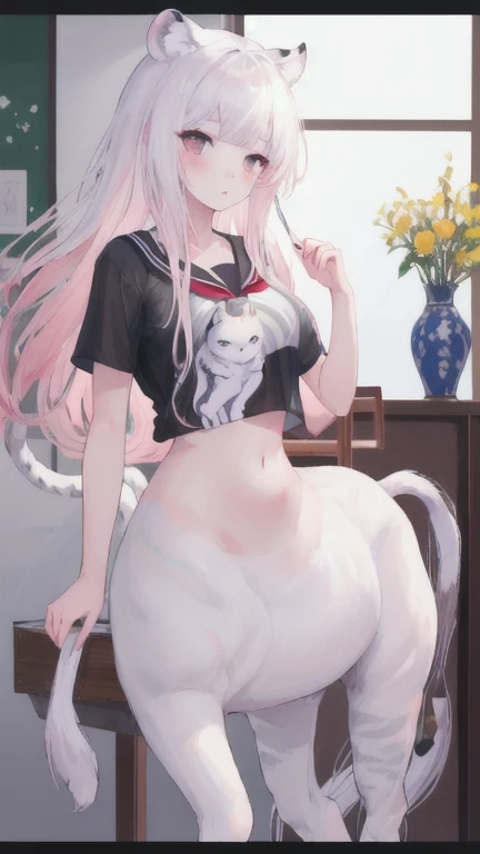 (best quality, masterpiece), 1 girl, centaur, I beg, White skin, Korean girl,daught pink, exposing the abdomen, belly button t-shirt , beautiful girl perfect, White tiger photo, 완벽한 White tiger photo