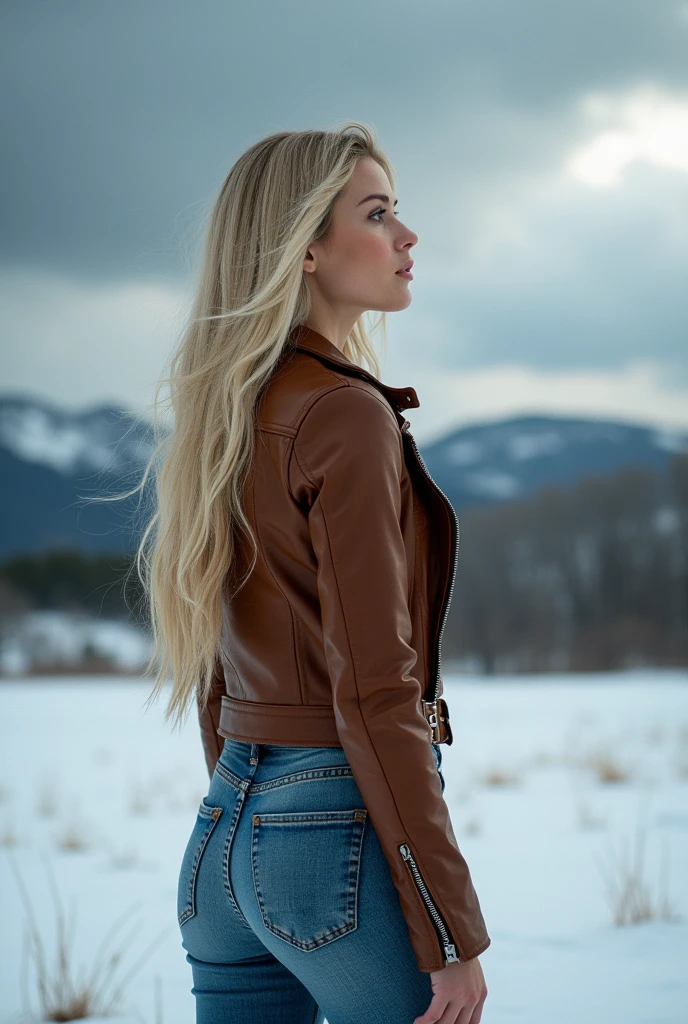 Best quality, 1 Latina woman, best age, with her back to the camera, wearing cold suit, fur coat and black leather pants, beautiful curves, perfect female body, long hair dyed blonde, does not look at the camera, facing the landscape in Saint Moritz, snow, woman on her back, light long hair, (masterpiece), (best quality),  (ultra detailed), (ultra realistic), (best character detail: 1.36), nikon d750 f/1.4 55mm, dynamic angles, professional lighting, photon mapping, radiosity, 8k, HDR, (soft color: 1.2), wide light, high contrast, backlighting, flower, light brightnesses, chromatic aberration, sharp focus, RAW color photo