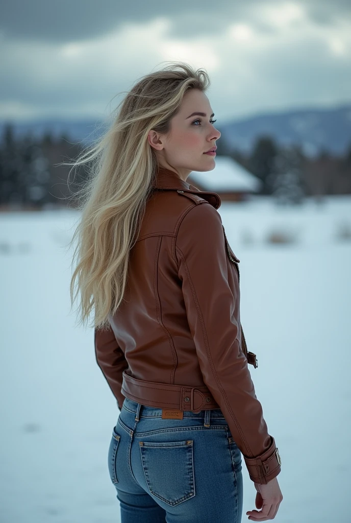 From side. Full body shot of An ultra hot gorgeous European woman. Age 23. She’s a playmate and men magazine model. Blonde hair.In a snowy landscape ranch. Looking at the sky with ((dark black storm clouds)). She wears jeans and brown leather jacket. Perfect anatomy, perfect hair, perfect breast, perfect body, perfect hands, perfect face, perfect eyes, accurate, anatomically correct, perfect clear and crisp focus, dramatic cinematic light