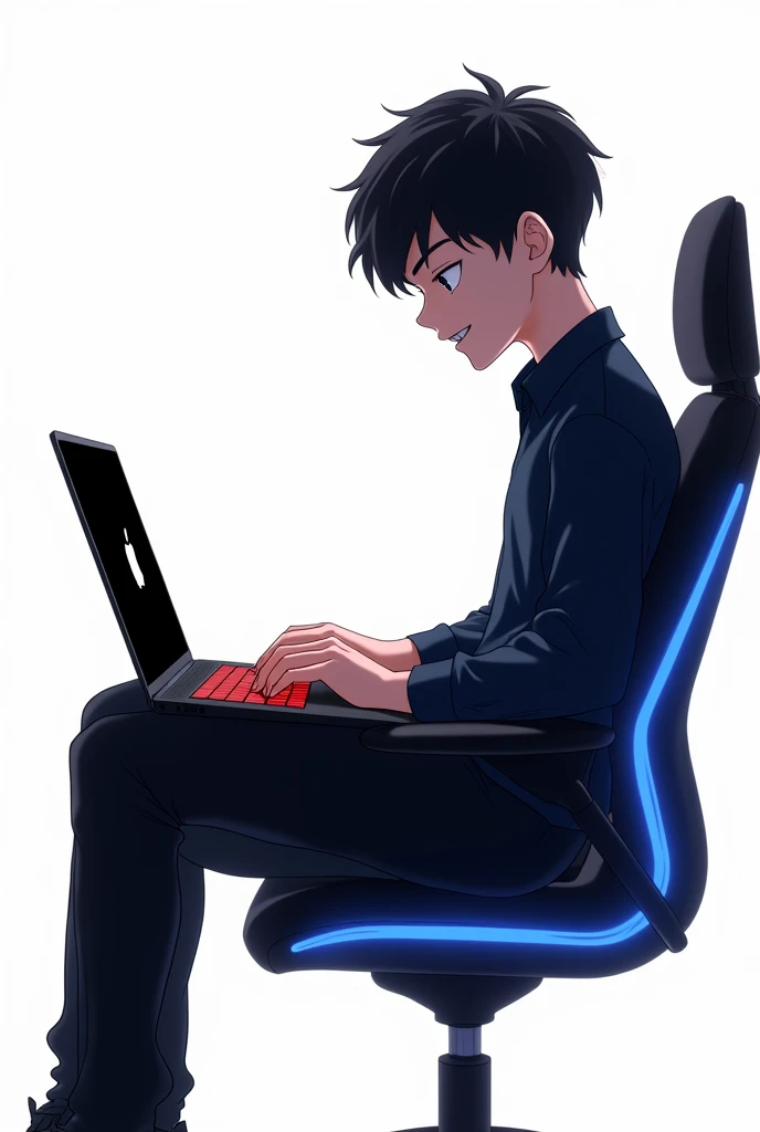 a most realistic anime-style image of a 16-year-old boy working on a blackish Apple laptop with a glowing red keyboard. He’s wearing a dark blue shirt, black pants, and sitting in a stylish black chair with blue borders. The boy is shown from his right side with short stylish hair, white skin, and blackish eyes. He looks happy with a closed mouth, and the background is white.
the apple logo color is black and the border is lighten white. 