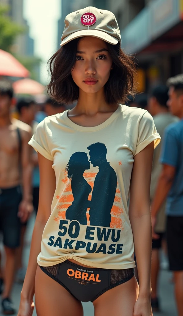 A beautiful Indonesian girl, wearing a t-shirt with a strong vector design featuring a silhouette image of a naked couple having sex in black colour. The sentence "50 EWU SAKPUASE" is displayed with bold and distressed typography pastel tone, The round pin stuck in the middle of the cup hats reads "(90% OFF)", short wavy hair, in a public place, surrounded by many men, large and sexy breasts, the pantiens reads "(OBRAL)" underwear, with a shooting angle from the front, very realistic, (complex detail: 0. 9), (hdr, hyperdetail: 1.2), RAW, Sony Alpha a9 II, 24-105mm f/4, HDR,