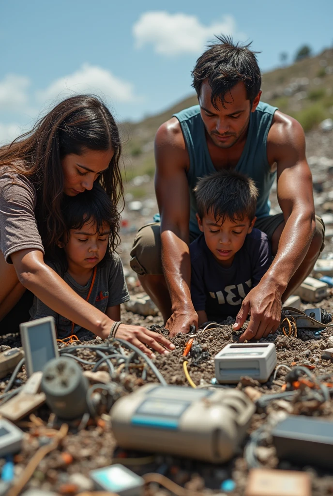 Brazilian family picking up electronic waste in the heat and hunger with the background full of electronic waste