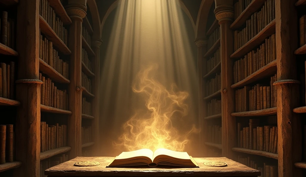An ancient, dimly lit library with towering shelves filled with scrolls and old books, the air thick with the weight of history. In the center, an open book glowing softly, with ghostly images of great historical figures like Napoleon and Samudragupta emerging from the pages, symbolizing their courage and determination."