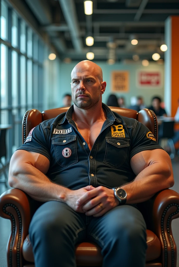 Big giant body builder bald white men wearing unbuttoned double pocket redshirt with logos in office on chair