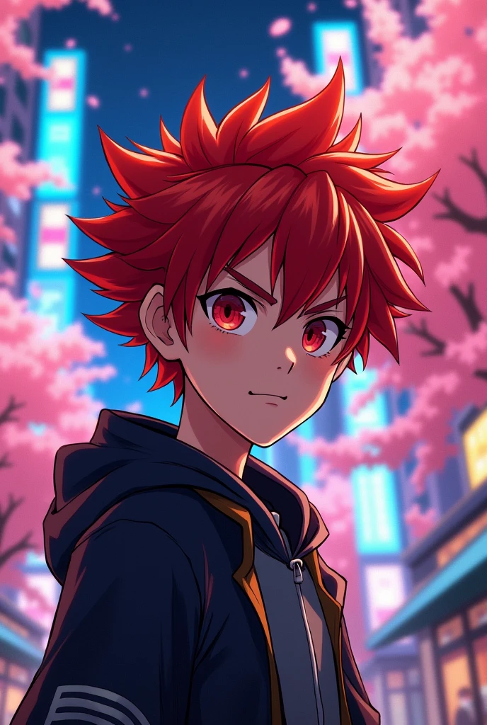 A 2d anime boy having red hair and red eyes