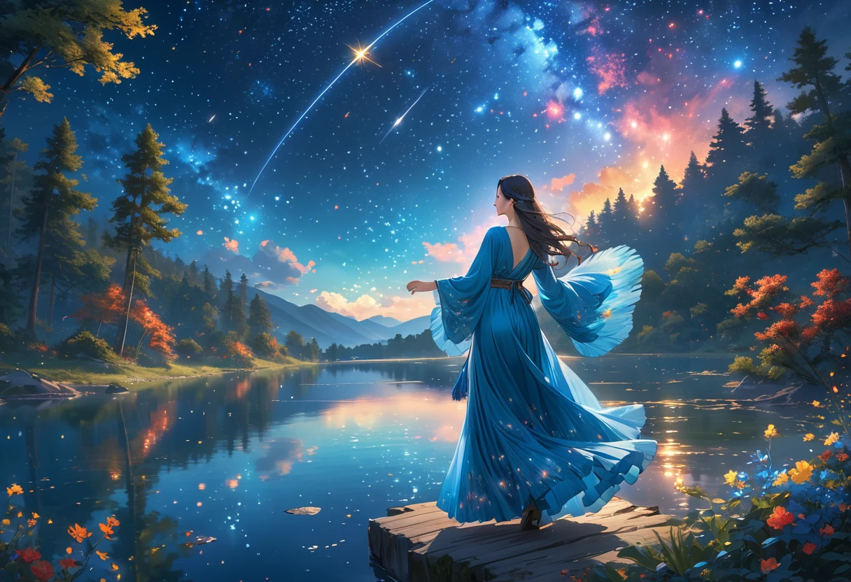 A woman in a beautiful feathered robe is dancing.,night,Fantasy Forest,night景,fire Fly,lake,(masterpiece, Highest quality, Highest quality, Official Art, beautifully、beautiful:1.2,Ray Tracing),Very detailed,Blue tones,Well-proportioned body,Long Hair,Long Shot,milky way,nebula,Starry Sky,shooting star