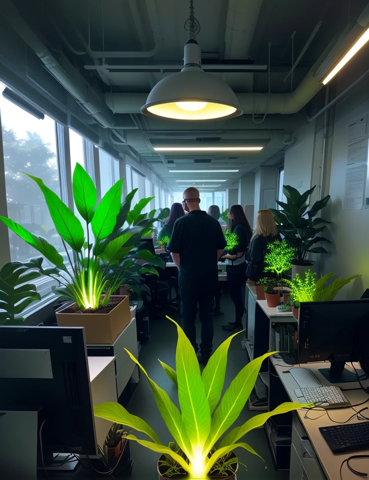 There is a crowd around the glowing plants in the office.