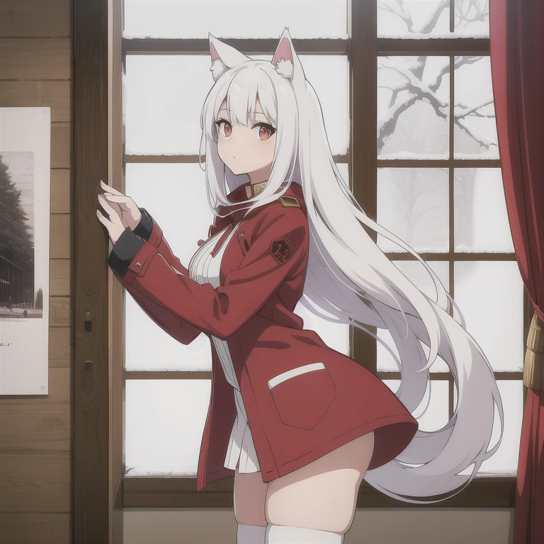 A girl with cat ears and a tail, white hair, a red short jacket, and red stockings, with snow falling outside the window, ultra-high detail, fantasy illustrations, and a warm atmosphere.