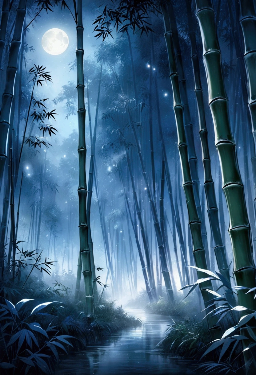 A bamboo forest shrouded in night mist, illuminated by the soft moonlight