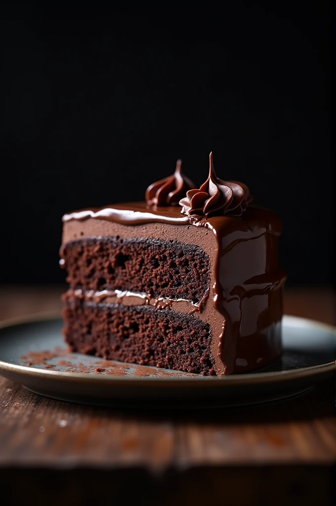 Cinematic Film Still Chocolate、Chocolate cake、Dark background、High quality photos、Wet Texture、Frosting、Studio Photo、slice。Shallow depth of field、Vignette、high detail、High budget、Bokeh、CinemaScope、Moody、grow、gorgeous、Film Grain、granular。