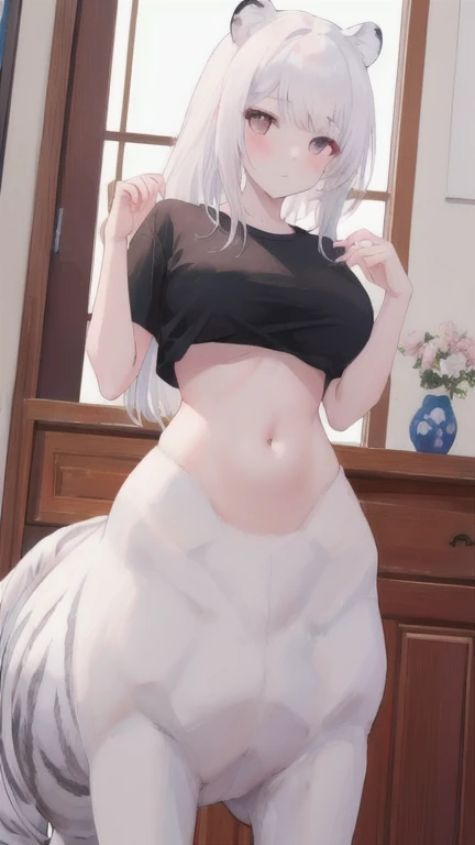 (best quality, masterpiece), 1 girl, centaur, It takes, White skin, Korean , daughter, house, studying,black pink,Smiling, exposing the abdomen, belly button t-shirt , 아름다운 소녀 perfect white tiger photo, perfect white tiger photo