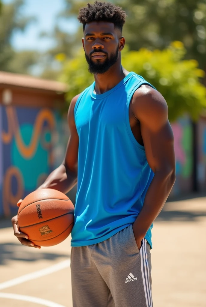 Black handsome slim man with faint eyes, big lips, a connecting beard and slight mostache, dark skin, 6 feet 4, short fade cut hair, blue vest, Grey addidas bottom and holding a basketball 