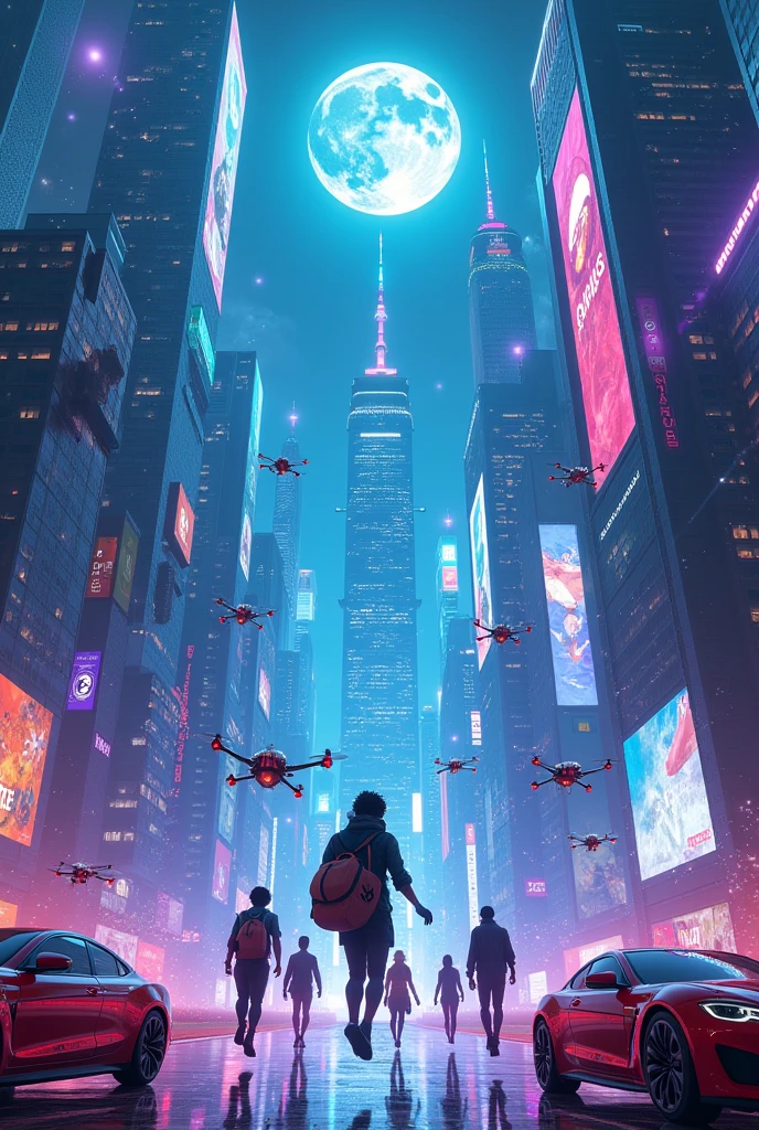 "A futuristic cityscape with towering skyscrapers, each displaying giant game screens. In the foreground, a diverse group of gamers float in mid-air, wearing AR glasses and using holographic controllers. Streams of data and cryptocurrency symbols flow between the gamers and buildings. A large Moonveil logo hovers above, casting a soft moonlight glow. The scene is rendered in a cyberpunk style with neon blues, purples, and greens. Flying cars and drones zip through the air, some carrying bags of money to represent the funding."