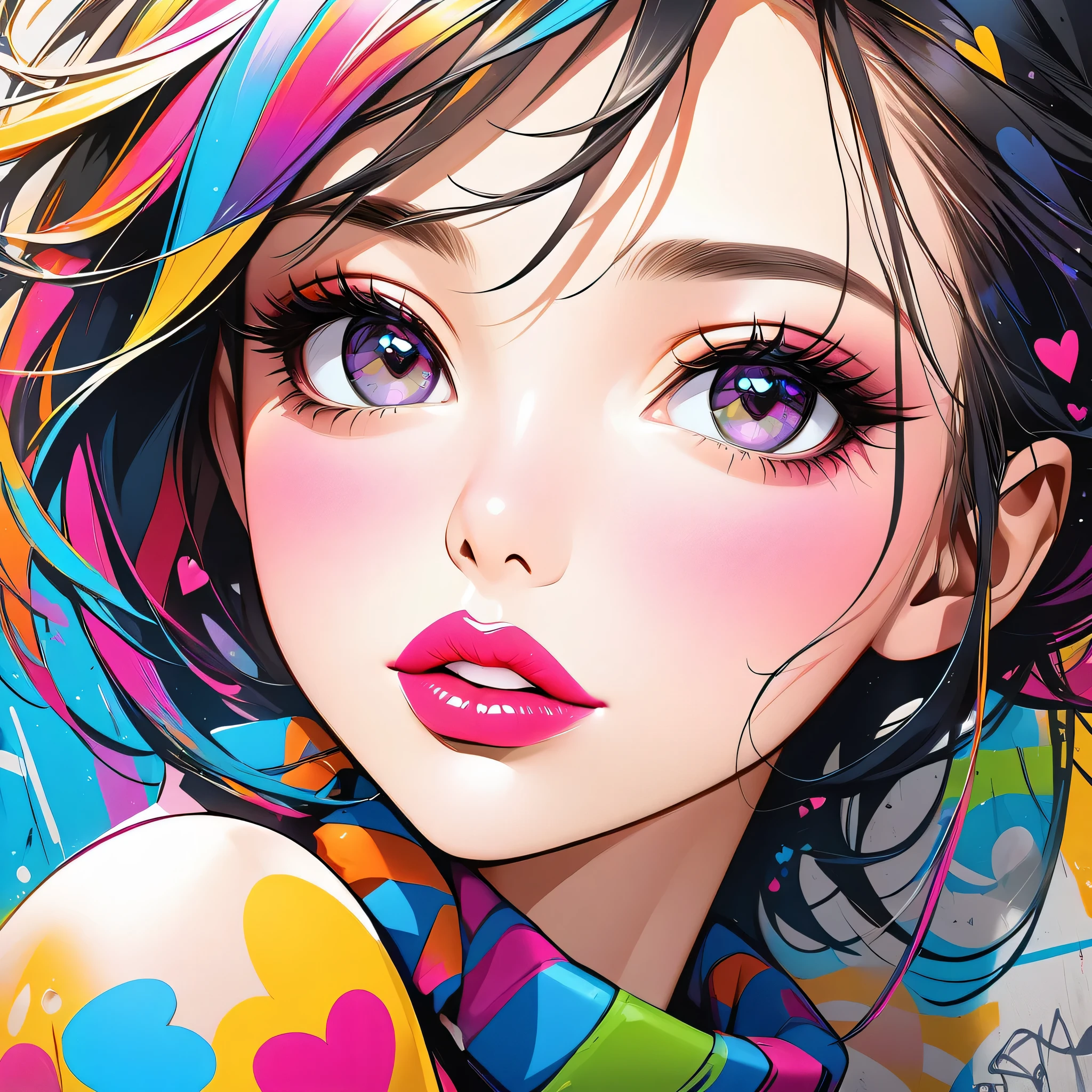 Ultra-realism Micho colorful style, Simple Line Initialism,Abstract art,(((The most beautiful girl of all time))), Sweet face. Lips in love, colorful hearts, stylish design, Summer beach fashion, Dark Eyes, Graffiti on the wall