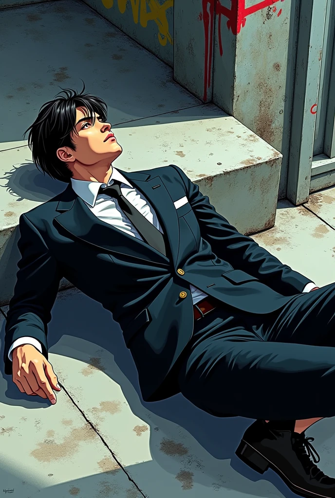 Anime-style man with a professional suit laying on the concrete floor
