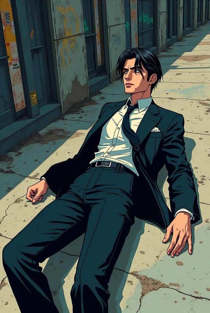 Anime-style man with a professional suit laying on the concrete floor