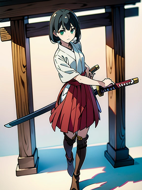 ((((masterpiece, Best Quality, Ultra-high resolution、Best illustrations))))、((Portrait of a person standing against a white background))、anime、A highly concentrated individual、(Very delicate and cute face)、(Sparkling Eyes)、A beautiful 18-year-old shrine maiden stands alone, wielding a wooden sword.、Serious expression、Medium length black hair、Clean green eyes、Long red hakama、Knee-high boots、Standing diagonally with their gaze directed straight ahead.、Oblique right view、((Perfect hands))、