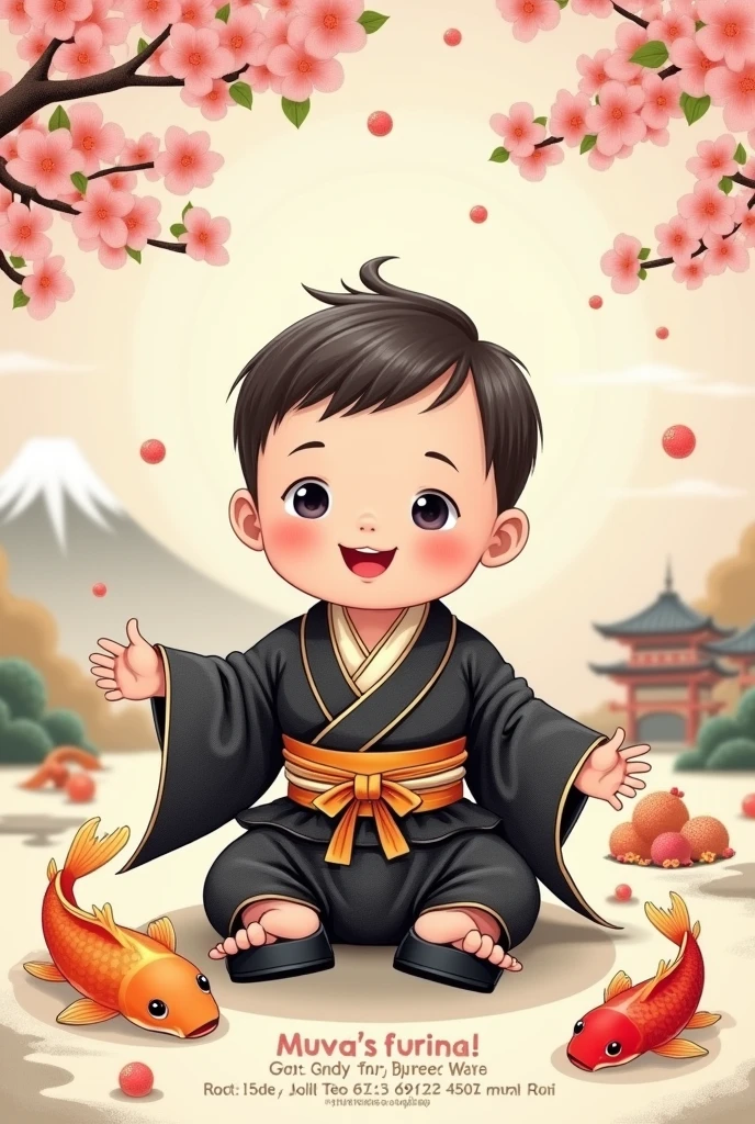 Create a baby boy 1st birthday invitation image, whose theme is about Japan, put things that refer to Japan. In the invitation, Create a drawing of a Japanese baby boy wearing a beautiful black and beige Kimono., put him wearing a little black shoe. Put a nice phrase about celebrating his first year of life, Local and data of the celebration 