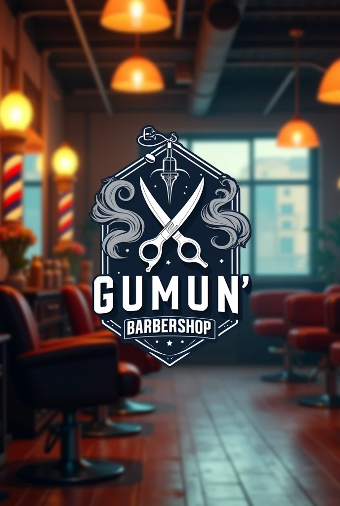 Create a shop name with a vape logo and scissors for the name Gumun’Barbershop