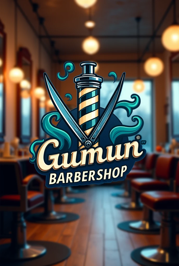 Create a shop name with a vape logo and scissors for the name Gumun’Barbershop 