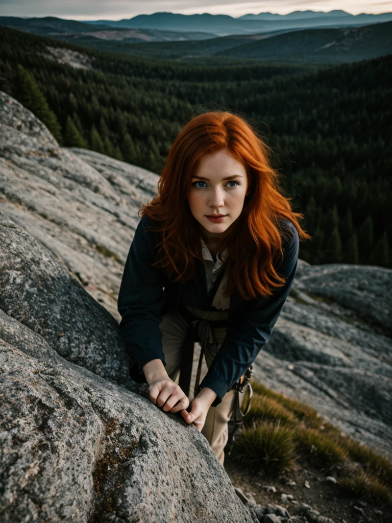 hdr, a redhead woman, climbing on mountains, closeup, intricate details, hyperdetailed, cinematic, dark shot, muted colors, film grainy, soothing tones, muted colors, technicolor, (muddy:0.6)