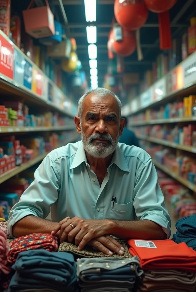 A character name Raj and his age 45 years old
frustrated store manager show as he thinking
Raj is behind the counter, visibly stressed. The shop is cluttered with merchandise, and the atmosphere reflects Raj's frustration generate landscape image