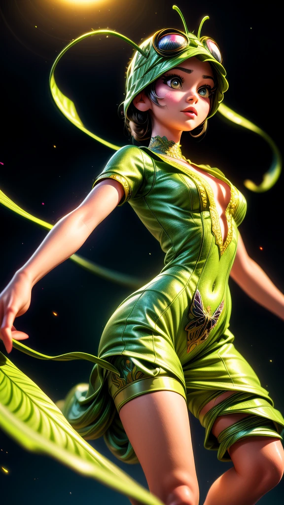 a girl dressed as a grasshopper, 1girl, detailed face, beautiful eyes, long eyelashes, detailed lips, detailed nose, insect costume, intricate grasshopper costume, colorful, vibrant colors, fantasy, highly detailed, 8k, realistic, photorealistic, masterpiece, award-winning digital art, cinematic lighting, dramatic lighting, volumetric lighting, dynamic pose, action pose, motion blur, depth of field