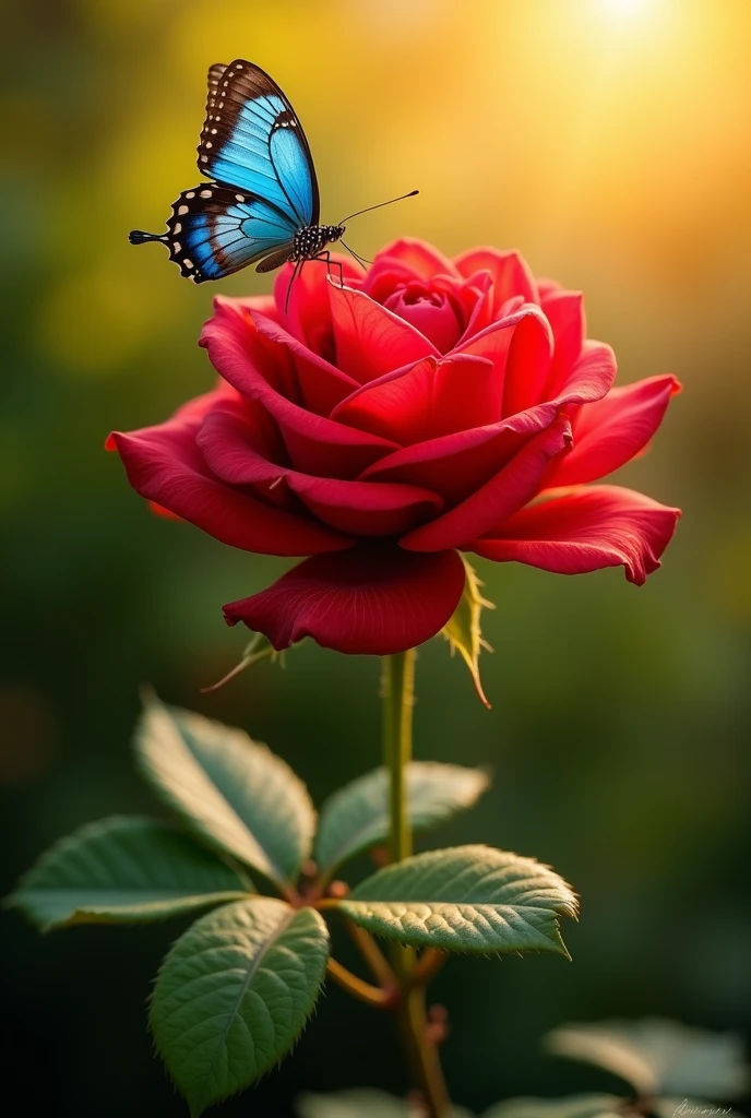 One single, crimson rose, bathed in sunlight, with a blue butterfly dancing around it.