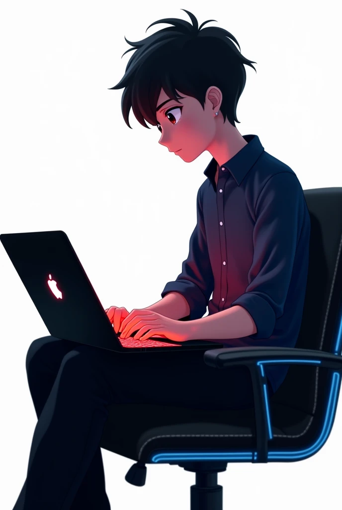 a most realistic anime-style image of a 16-year-old boy working on a blackish Apple laptop with a glowing red keyboard. He’s wearing a dark blue shirt, black pants, and sitting in a stylish black chair with blue borders. The boy is shown from his right side with short stylish hair, white skin, and blackish eyes. He looks happy with a closed mouth, and the background is white.
the apple logo color is black and the border is lighten white.