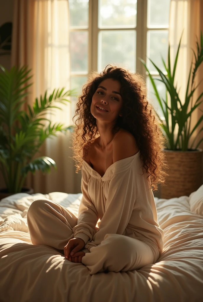 (photorealism:1.2), beautiful woman, sitting on bed, wearing loose off-shoulder top, pajama pants, long curly hair, indoors, soft lighting, plants in background, window with sunlight, cozy room, relaxed pose, realistic, intricate details, warm colors, by Greg Rutkowski, by Alphonse Mucha